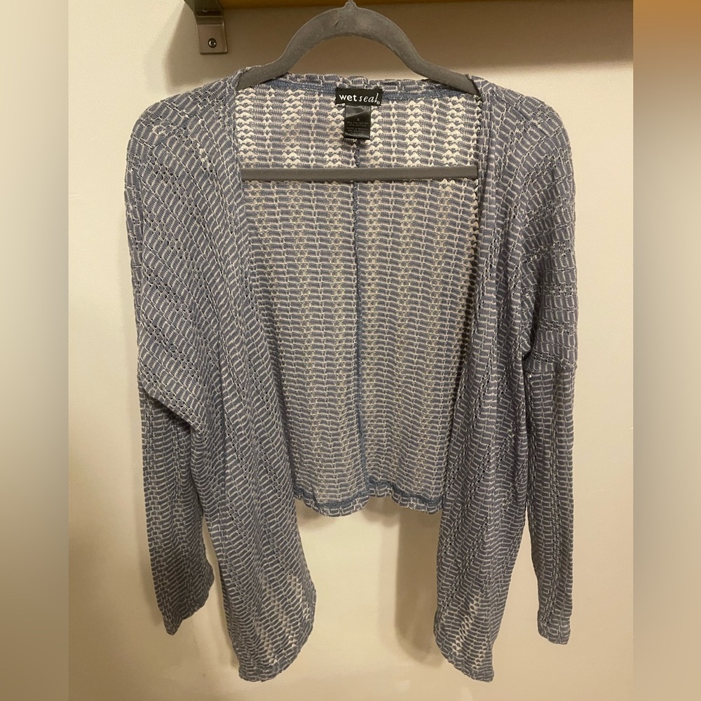 Wet Seal Blue and White Open-Front Cardigan